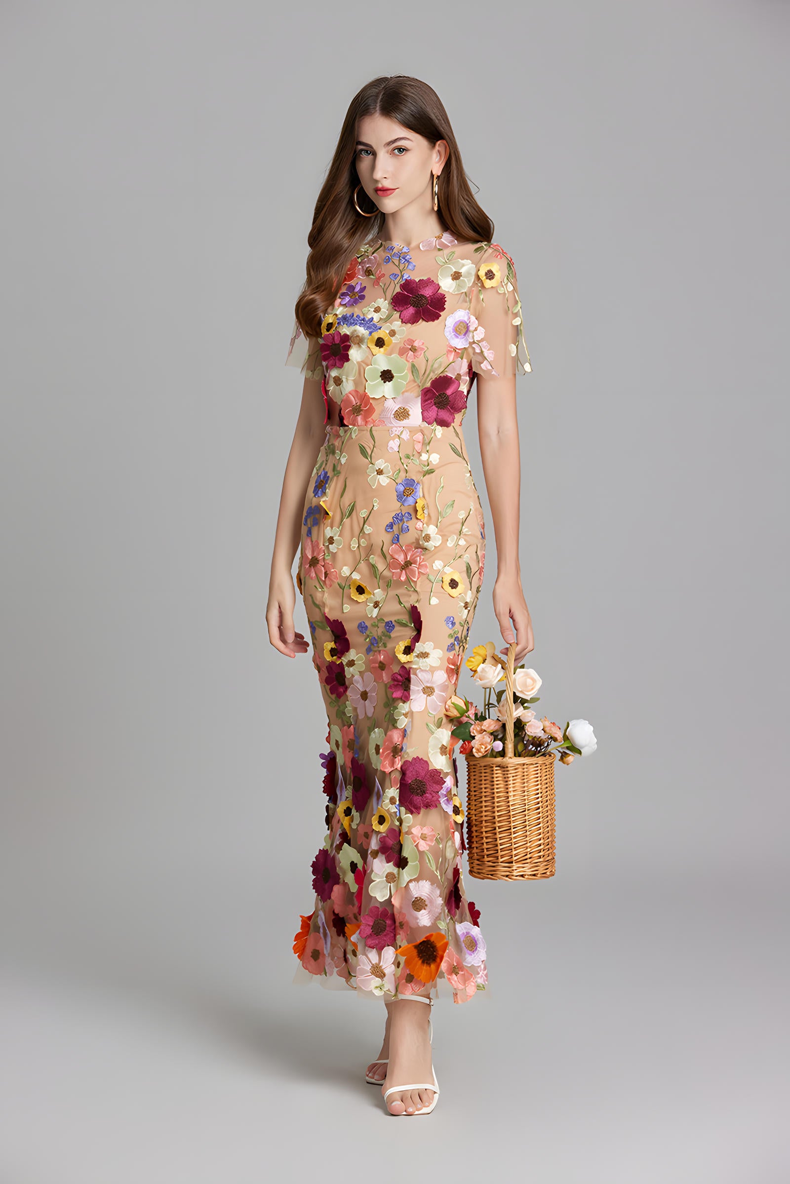 Intricate Floral Embroidery Mesh Fishtail Apricot Dress - 810908122798_APR